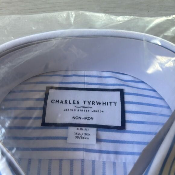 Charles Tyrwhitt Cornflower Blue Striped Twill Slim Fit 15.5 NWT in packaging - Picture 7 of 8